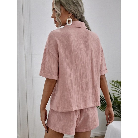 2 piece set: Breast Pocket Button Down Shirt & high waist Shorts coords tan - Picture 6 of 14